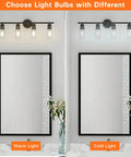 4 Light Black Bathroom Vanity Light Fixtures With Rustic Farmhouse Style over mirror showing warm and cold light options