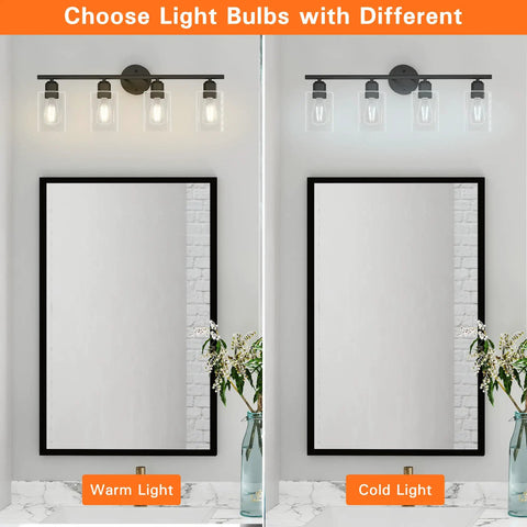 4 Light Black Bathroom Vanity Light Fixtures With Rustic Farmhouse Style over mirror showing warm and cold light options