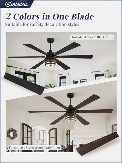 65 Inch Farmhouse Ceiling Fan With Lights And Remote Beast Mode Air Movement Industrial Vibe Six Speed Reversible Dc Motor And Six Dual Finish Blades Black Finish For Living Room Bedroom Patio featuring dual color blades.