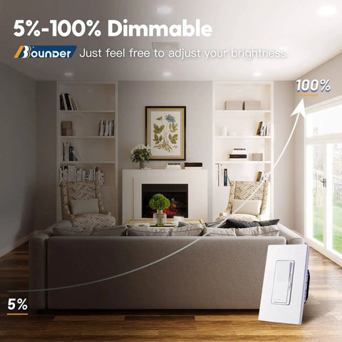 Living room with 20 Pack 6 Inch Ultra Thin LED Recessed Ceiling Lights with Junction Box, dimmer adjustment illustration.