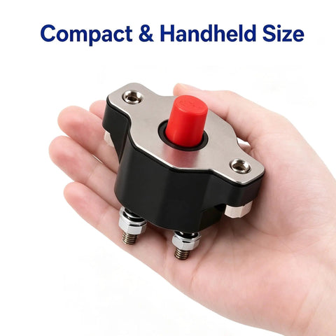 Heavy Duty 50 Amp Push Button Circuit Breaker Direct Drop In Replacement For Volvo Penta Mercruiser And Sierra Marine Systems viewed in hand.