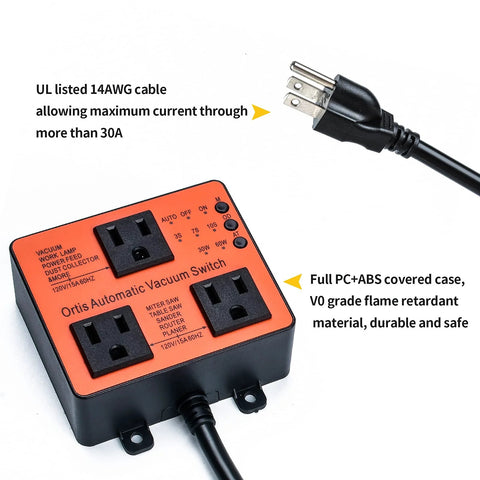 Front view of Ortis Automatic Vacuum Switch with two 120V outlets in an orange PC+ABS case