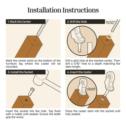 Installation instructions for Heavy Duty Antique Brass Casters With Silent Rubber Wheels Two Inch Stem Casters Pack Of 4.