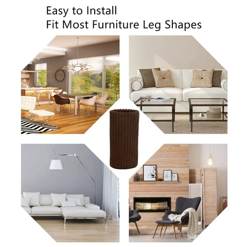 Coffee Knit Furniture Leg Socks Set, Double Thick Elastic Chair Leg Covers That Move Easily, Protect Floors, Cut Noise, And Keep Legs Snug On Sofas, Tables, And Chairs, 24 Pieces with room scenes showing furniture and covers.