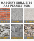 Masonry drill bits collage showing brick, concrete, stucco, cement, cinderblock, and stone (6 items)