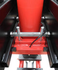 Close-up view of Heavy Hitting 75 Ton Air Hydraulic Shop Press with red air cylinder and adjustable parts for precise usage.