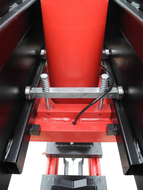 Close-up view of Heavy Hitting 75 Ton Air Hydraulic Shop Press with red air cylinder and adjustable parts for precise usage.