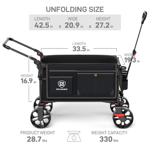 Folding Push Wagon With Brakes, Portable Collapsible Shopping Cart On All Terrain Big Wheels For Camping Beach Sports