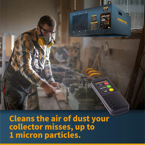 Heavy Duty Badass 3 Speed Remote Air Filtration System With 1060 CFM Kickin Airflow and Dual Micron Screens in a workshop.