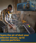 Badass Workshop Cleanup With This Heavy Duty 3 Speed Remote Controlled Air Filtration System Hanging Woodworking Dust Collector Kills The Sawdust Haze At Up To 1060 Cfm Airflow Capacity in use with worker and remote.