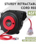 Beefy 45 Ft Retractable Extension Cord Reel with 12 AWG 3 Conductor SJTOW Heavy Duty Power Cable and Lighted Triple Tap