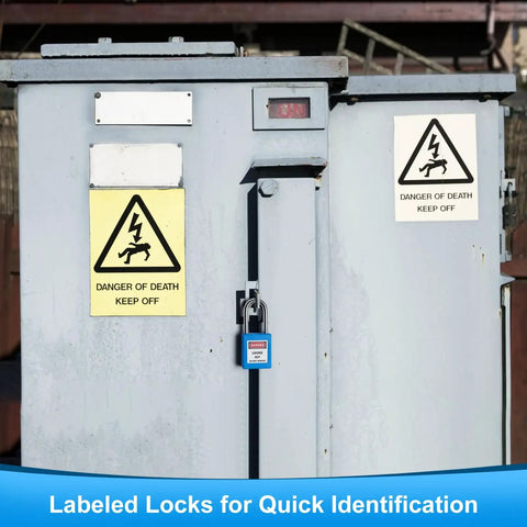 Blue LOTO Locks Set Five Pack With Keyed Different Locks securing electrical panel, OSHA compliant safety padlock visible