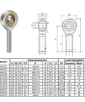 4 Pack 6mm Rod End Bearing With M6x1 Right Hand Thread Metric Outer Thread Joint Self Lubricating Heavy Duty Rod End 14 Degree Misalignment 7.65KN Static Load 7.2KN Dynamic Load, 6mm steel rod end with dimensions chart