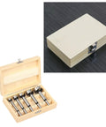 Heavy Duty Five Piece Wood Drill Bit Set Featuring Self Centering Tips Includes Durable Wooden Storage Case with bits visible.