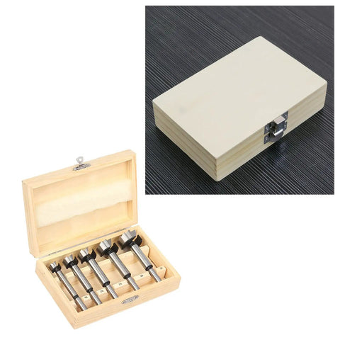 Heavy Duty Five Piece Wood Drill Bit Set Featuring Self Centering Tips Includes Durable Wooden Storage Case with bits visible.