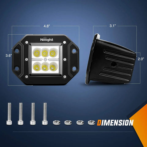 Dimensions of Two Pack 18W Flood LED Work Lights With Wide Beam Flush Mount Off Road Driving Light Bar for Jeep Truck
