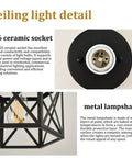 Detail of industrial black hexagon farmhouse ceiling light fixture with E26 ceramic socket and metal lampshade.