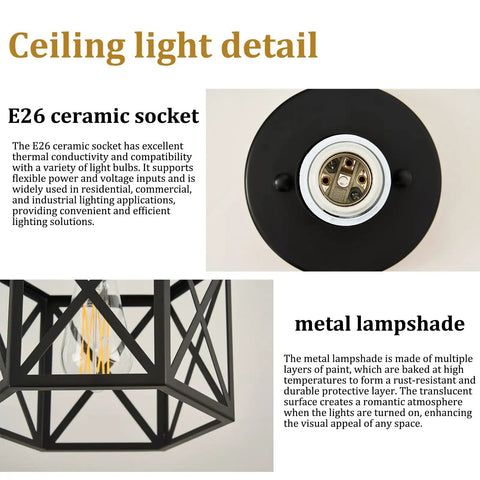Detail of industrial black hexagon farmhouse ceiling light fixture with E26 ceramic socket and metal lampshade.