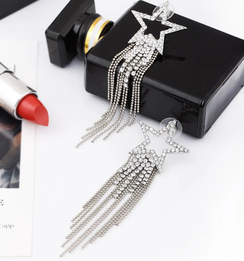 Silver Tassel Earrings With Hollow Star Stud And Pave Crystal Dangle Double Layer Beaded Fringe Boho Waterfall Drop Earrings For Everyday Shine Great For Day To Night Wear And Boho Chic Styling. Silver star stud crystal tassel earrings with beaded fringe, shown pair on black box.