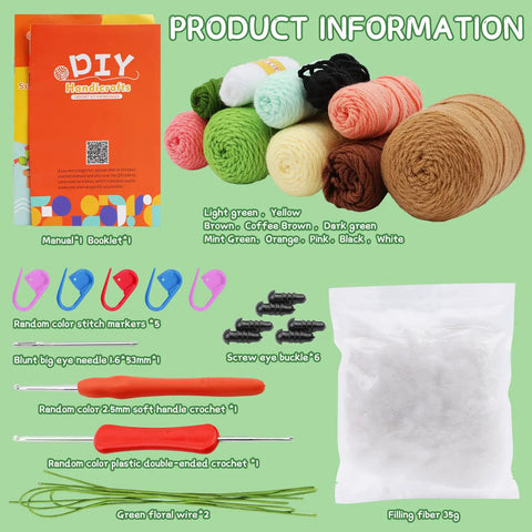 Plant Crochet Kit for Beginners with 6 Succulent Projects items, including yarn, hooks, plastic eyes, and fiber filler.