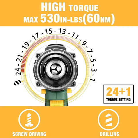20V Cordless Drill With 2000mAh Battery High Torque 530 In Lbs 24 Plus 1 Clutch Settings diagram
