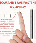 Glow and Save fastener overview showing a black fastener on a finger, size 4.5mm, for clothing repair and labeling.