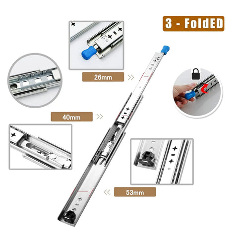 Heavy Duty 10 Inch Ball Bearing Drawer Slides Lockable Full Extension Cabinet Runners, showing dimensions and lock mechanism details.