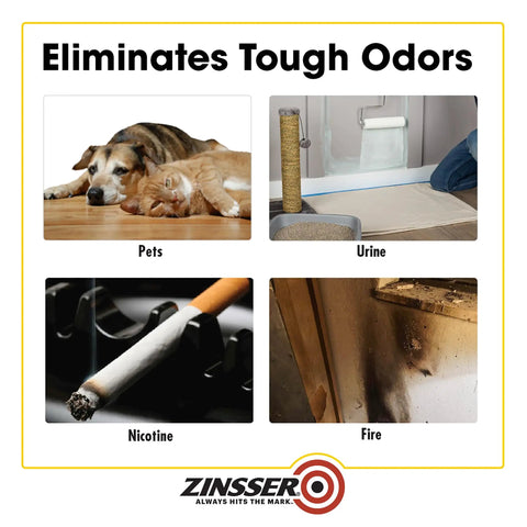 Odor Killing Interior Primer White Quart for pet urine, tobacco smoke, and food odors elimination on various surfaces shown