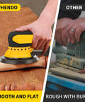 Brushless 350W Random Orbital Sander With 3A Motor, Variable Speed Corded Sander in use on wood surface, showing smooth finish