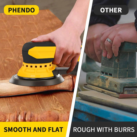 Brushless 350W Random Orbital Sander With 3A Motor, Variable Speed Corded Sander in use on wood surface, showing smooth finish