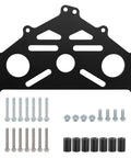 Beefy Heavy Duty Billet Aluminum Engine Stand Adapter Plate Mount Bracket For V8 And V6 Engines Built Tough For Rebuilds And Maintenance Fits Duramax Five Point Three Liter Six Point Zero Liter And Four Point Eight Liter Blocks black billet aluminum plate with bolts and spacers