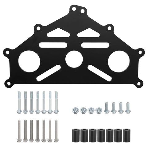 Beefy Heavy Duty Billet Aluminum Engine Stand Adapter Plate Mount Bracket For V8 And V6 Engines Built Tough For Rebuilds And Maintenance Fits Duramax Five Point Three Liter Six Point Zero Liter And Four Point Eight Liter Blocks black billet aluminum plate with bolts and spacers