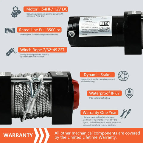 Beefed Up Electric Winch 3500 Lb 12V DC for ATV UTV with wireless remote, highlighting motor, steel rope, and warranty features