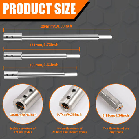 Heavy Duty Forstner Bit Extension For 3/8 Inch Round Shank includes size dimensions of 254mm, 171mm, and 168mm carbon steel extenders.