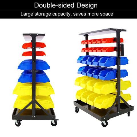 Six Tier Rolling Bin Storage Rack With Sixty Color Coded Bins On Smooth Wheels Dual Sided Parts Organizer With Top Tray