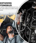 Mechanic inspecting engine with Six Piece Five Foot Silicone Vacuum Hose Kit For Your Ride, Includes Sixty Four Connectors, Hoses In One Eighth Inch, Five Thirty Seconds Inch, Three Sixteenths Inch, One Quarter Inch, Five Sixteenths Inch, And Three Eighths Inch ID, 100 PSI Auto Vacuum installed