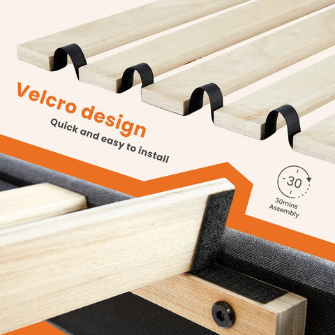 Velcro design of heavy duty wooden slatted support for Full Size Platform Bed Frame With Adjustable Headboard, easy installation.
