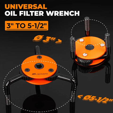 Universal 3 Jaw Oil Filter Wrench Set With Gear Driven Heat Treated Steel Jaws For High Torque Removal Of Stubborn Filters, Adjustable Grip, Easy To Use Auto Maintenance Tool For Cars, Trucks And SUVs, orange 3-jaw wrench 3 to 5-1/2 in