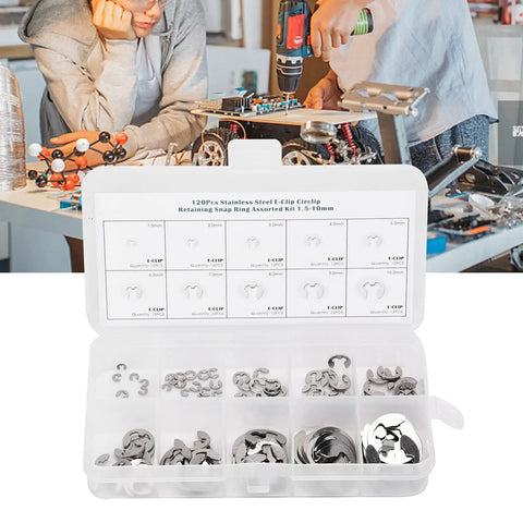 120 Piece E Clips Assortment Kit Heat Treated External Retaining Clips Stainless Steel Snap Rings 1.5mm to 10mm for Bearings and Gears in a Handy Organized Slot Case, open case