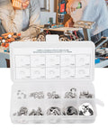 120Pcs E Clip Ring Set 1.5mm To 10mm Stainless Steel External Retaining Rings Circlip Assortment For Indoor Outdoor Use Rustproof Burr Free Surface Handy Clip Kit For Quick Fixes displayed in a plastic box open on a workshop table.