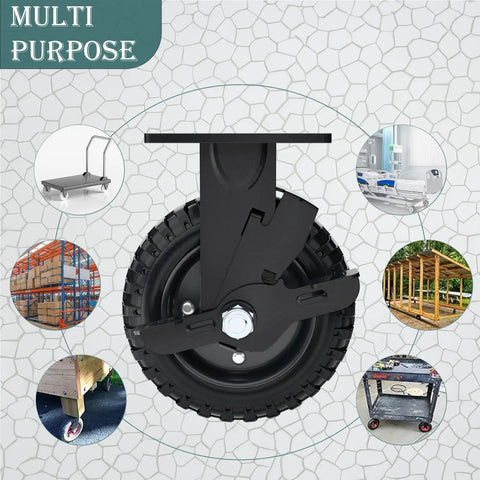 Beefy 8 Inch Caster Wheel With Brake Set Of 2 1100 Lbs Capacity Black Rim Solid Rubber Cast Iron Outdoor Flat Free For Carts Dolly Workbench Trolley DIY Tools, showcasing multipurpose use collage.