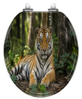 Round Tiger portrait Toilet Seat featuring a detailed tiger design, sturdy resin material, perfect for any bathroom.
