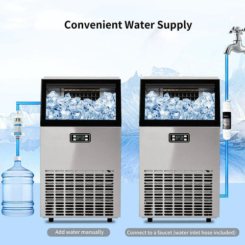 Portable Countertop Ice Maker Makes 45 Pounds Daily with water supply options and stainless steel design for easy use.
