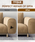 Before and after view of self adhesive couch patch repair fabric kit with six patches for sofa and chair upholstery in dark brown