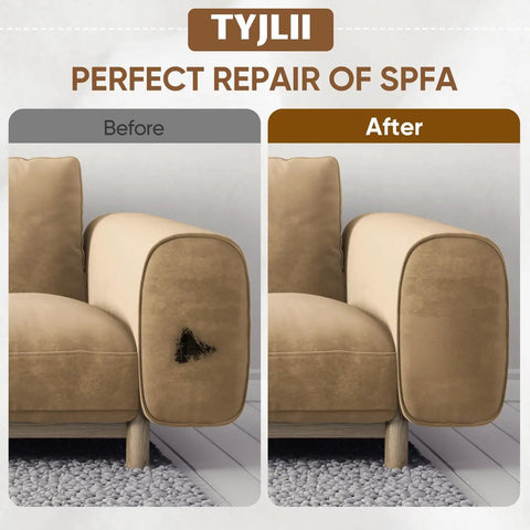 Before and after view of self adhesive couch patch repair fabric kit with six patches for sofa and chair upholstery in dark brown