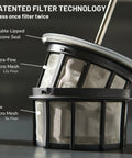 Close-up of patented filter technology for Ultralight Travel French Press Coffee Maker For On The Go Brews, Vacuum Insulated Stainless Steel