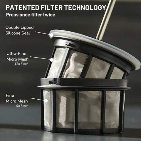 Close-up of patented filter technology for Ultralight Travel French Press Coffee Maker For On The Go Brews, Vacuum Insulated Stainless Steel