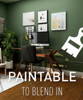 CordMate II Cable Management Kit in a home office with green walls, showcasing its paintable feature to blend with decor, CMK50