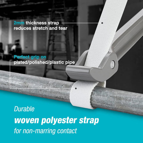 Close-up of 12 Inch Strap Wrench with 2mm adjustable nylon strap gripping pipe, showing anti-scratch non-marring contact and aluminum handle.