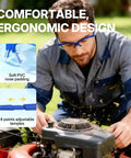 Man wearing Real Deal ANSI Z87 Certified Safety Glasses with impact resistant anti fog polycarbonate lenses, working on a lawnmower.